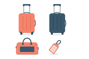 Travel luggage collection featuring rolling suitcases, duffel bag, and identification tag for a journey