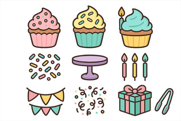 Sweet dessert and celebration icons featuring frosted cupcakes, burning candles, gift box, and festive decorations