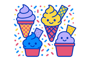 Cute cartoon frozen dessert characters with happy faces and colorful sprinkles pattern background
