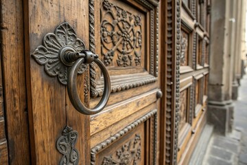 Closeup of an ornate wooden door with a metal handle in florence, italy