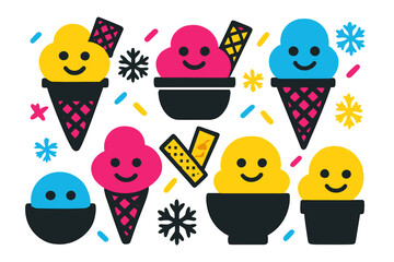 Colorful happy ice cream scoops in cones and bowls decorated with sprinkles and snowflakes