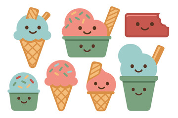 Cute smiling ice cream cones and cups decorated with sprinkles and wafer sticks in pastel colors