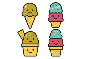 Collection of cute smiling ice cream cones and cups with colorful scoops and sprinkles on white background