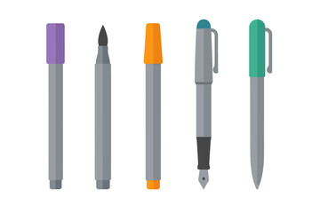 Collection of various writing and drawing instruments including markers, brush pen, fountain pen, and fine liner