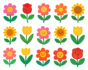 Obraz premium PNG Colorful cartoon flower icons, element set on transparent background