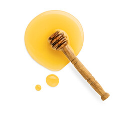 Liquid honey dripping from olive stick isolated on white background with clipping path. Design element. Top view.