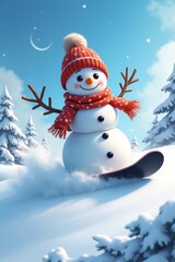 Obraz premium Cheerful snowman snowboarding down a snowy slope in winter forest under crescent moon. Festive, playful scene. Holiday and seasonal content.