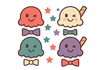 Four colorful ice cream scoops with cute winking faces, decorative bow ties, and scattered stars