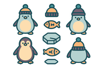 Adorable cartoon penguins wearing knitted hats with fish and arctic ice elements