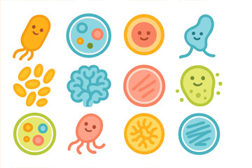Collection of cheerful microscopic life forms and laboratory dish icons in vibrant colors