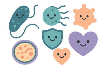 Charming set of smiling microbe, shield, and heart icons for health concepts