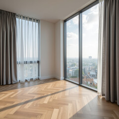 Fototapeta premium Bright and airy interior space featuring large windows with city views, wooden flooring, and soft curtains creating cozy atmosphere