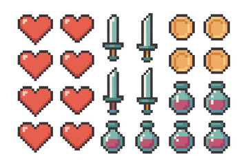 Pixelated game interface icons set with hearts swords coins and potions