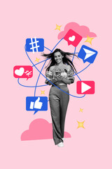 Banner 3d image art pop trend collage of happy girl hold phone device screen emoji notification...