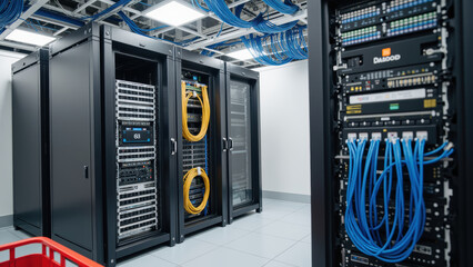 Data center with server racks and network cables, showcasing modern technology and infrastructure. environment is organized and efficient