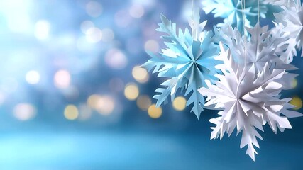 Defocused white paper snowflakes softly floating in front of a pastel blue winter background with glowing bokeh lights, peaceful festive atmosphere, with copy space - Powered by Adobe