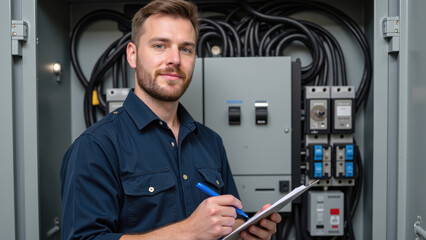 Professional technician inspecting electrical panel, taking notes with clipboard, wearing blue shirt, focused expression, working in utility room