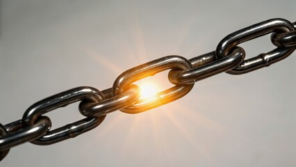 Fototapeta premium A close-up of a metallic chain link with a glowing light, symbolizing strength and connection.