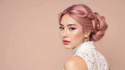 Elegant portrait of woman with pink hair styled in bun, wearing white top, showcasing soft makeup against pastel background