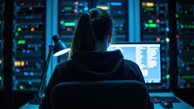 Person working on computer in dimly lit server room, surrounded by glowing server racks, focused on coding and technology - Powered by Adobe