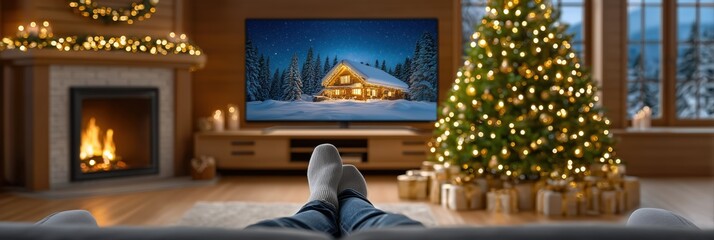 Cozy Christmas evening at home, feet up, watching a snowy winter cabin scene on television.
