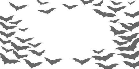 Black bats flying silhouette pattern vector illustration for a Halloween background design. frame, icon, element, flight, decoration, fly, birds, bird, leaf