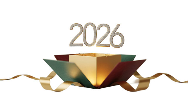 An open gift box with the year 2026 above.