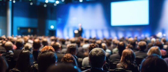 The audience at a corporate conference listening attentively to a presenter on stage