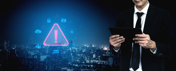 Cybersecurity threat alert protects data. Cyber security threat alert prevents access, alert warns...