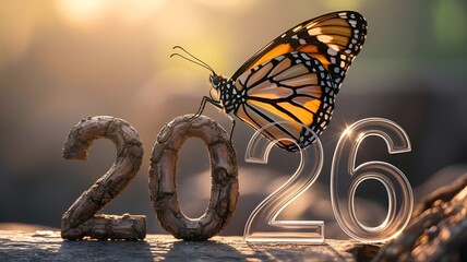Butterfly resting on 2026 number, representing new year and evolution.