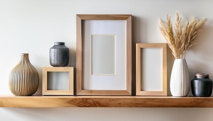 wood floating shelf with frames and vases on white wall storage organization for home interior design of modern living room