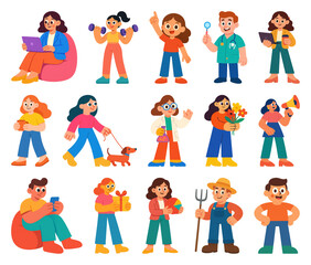 Fototapeta premium PNG Colorful cartoon diverse characters, element set on transparent background