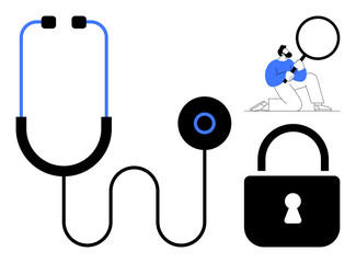 Stethoscope, magnifying glass, and lock representing health systems audit, privacy, and data protection. Ideal for security, health, analysis tech privacy audit trust. A simple flat metaphor