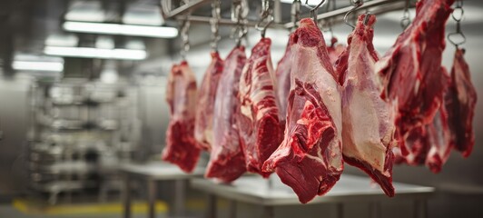 The beef carcasses hanging in an industrial refrigerated meat processing plant under fluorescent lights