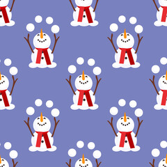 Funny snowman juggling snowballs in a seamless pattern. Playful Christmas design for children’s decor, gift wrap and festive stationery.