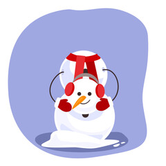 Adorable snowman with earmuffs covering his face, shy and playful pose. Perfect for Christmas cards, children’s prints and festive design.
