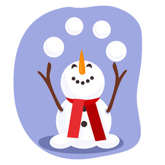 Playful snowman juggling snowballs, wearing a red scarf and smiling. Fun Christmas illustration for greeting cards and decor.