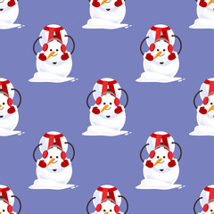 Adorable snowman with red scarf and earmuffs in a repeating pattern. Perfect for Christmas cards, wrapping paper and winter textile design.