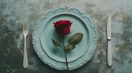 Red rose placed on a blue plate with knife and fork on a textured background