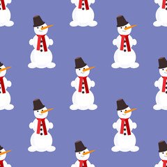 Cute snowman in hat and red scarf on a seamless purple background. Cozy winter pattern perfect for Christmas wrapping paper and festive textile design.