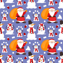 Cheerful Santa Claus and snowman together in a festive seamless pattern. Ideal for holiday packaging, fabric design and children’s decor.