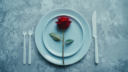 Rose on a plate for romantic dining on a gray surface with cutlery and no people