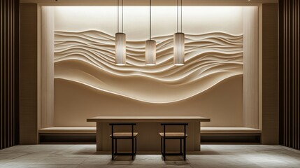 Interior design featuring textured wall, lights, counter, and stools, for decoration