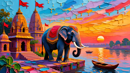 Hindu temple near a river and elephant ।Wall Decor 