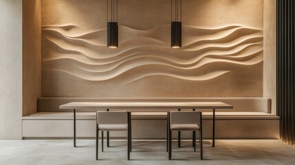 Empty dining room with wavy wall art and hanging lights, possible use in interior design