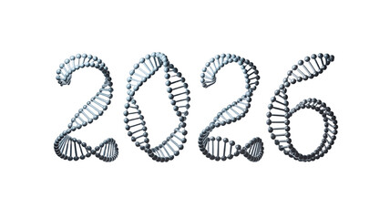 The year 2026 visualized as DNA strands, representing the future of science.