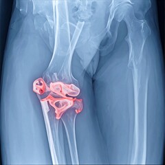Medical radiograph of a human hip, leg, and associated skeletal structures