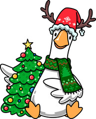 Groovy Goose Celebrating Christmas with Christmas Tree Cartoon