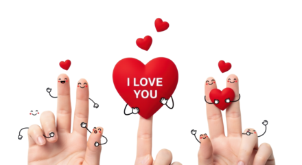 Macro, top-down of clean human fingers personified with cheerful faces & stick arms, playfully holding red hearts with 'I LOVE YOU' on transparent, high-key background. Concept of playful affection