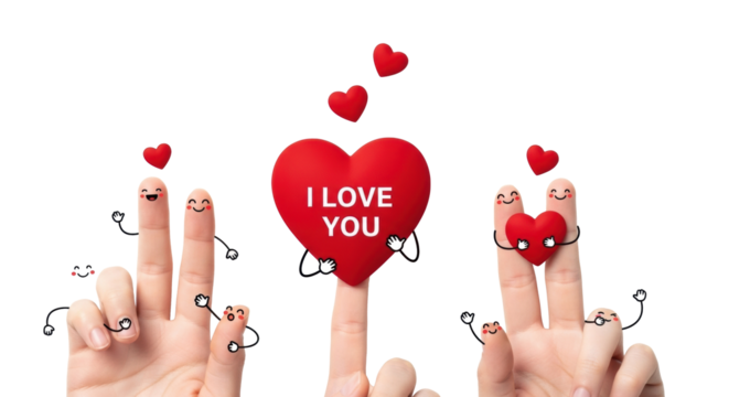 Macro, top-down of clean human fingers personified with cheerful faces & stick arms, playfully holding red hearts with 'I LOVE YOU' on transparent, high-key background. Concept of playful affection